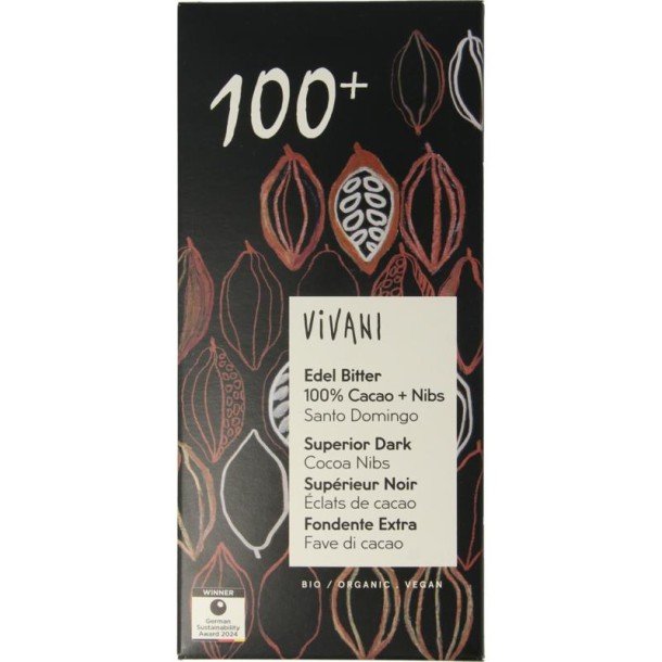 Vivani Chocolade puur superieur 100% + cacao nibs bio (80 Gram)