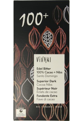 Vivani Chocolade puur superieur 100% + cacao nibs bio (80 Gram)