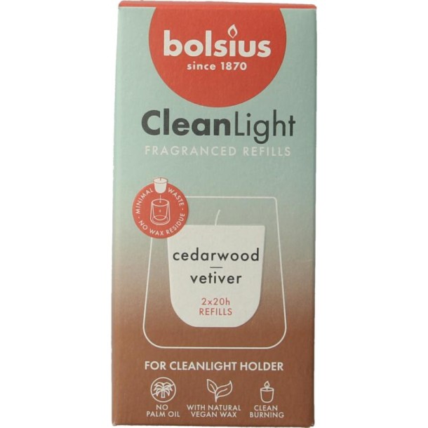 Bolsius Clean Light navulling 2 pack Cedarwood / Vertiver (212 Gram)