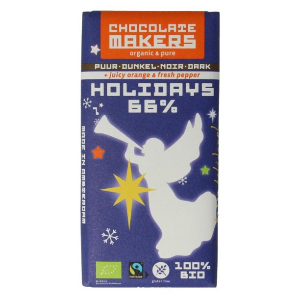 Chocolatemakers Holiday bar 65% met sinaasappel-kruidnagel bio (85 Gram)