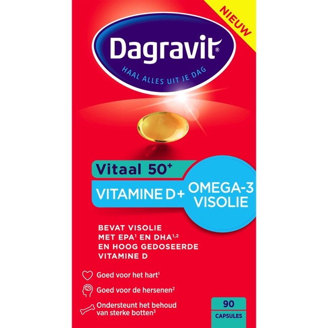 Zwaaien Bende Doe mee DAGRAVIT Vitaal 50+ Vitamine D+ & Omega-3 Visolie 90 stuks